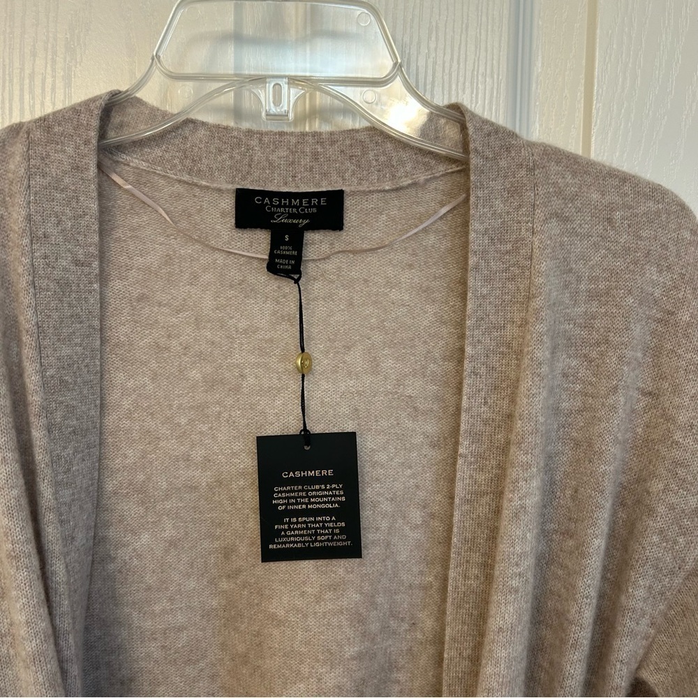 Charter Club Tie-Waist Longline 100% Cashmere Cardigan in Pearl Taupe Heather S - Picture 6 of 9